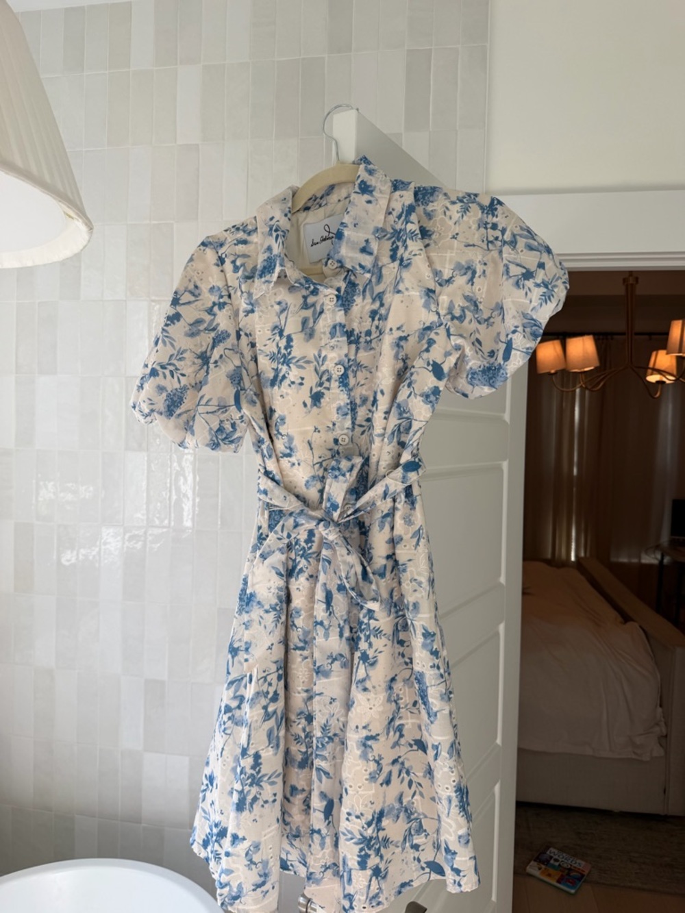 Sam Edelman Cream and Blue Floral Shirt Dress with Tie Waist